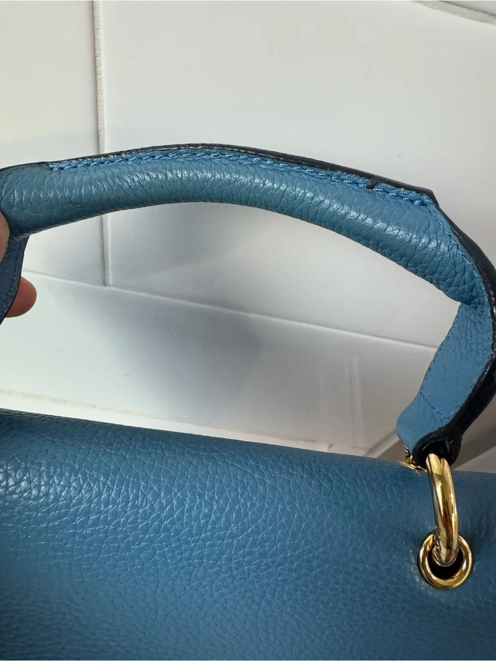 MCM Blue Leather Top-Handle Satchel with Gold Hardware